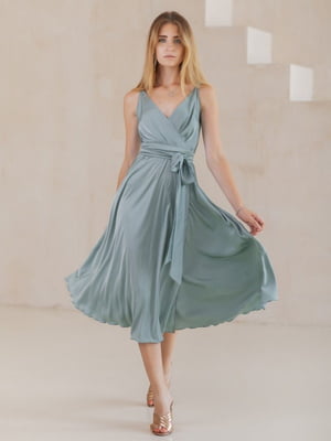 Шовкова сукня зі спідницею у складку оливкового кольору | 6782158