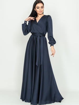 Темно-синя шовкова сукня зі спідницею у складку | 6782170