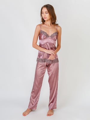Атласна піжама сливового кольору з мереживом: майка та штани | 6784104