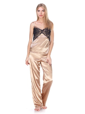 Атласна піжама золотистого кольору з мереживом: майка та штани | 6784166