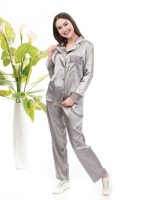 Атласна срібляста піжама з мереживом: сорочка та штани | 6784268