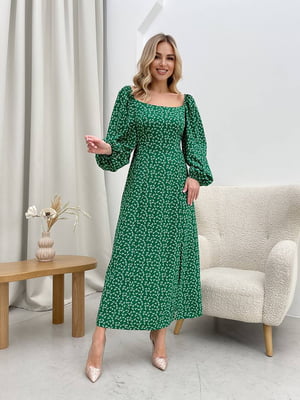 Зелена принтована сукня-міді А-силуету з об’ємними рукавами | 6789055