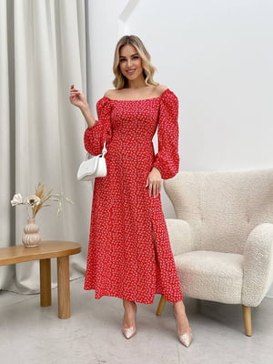Червона принтована сукня-міді А-силуету з об’ємними рукавами | 6789056