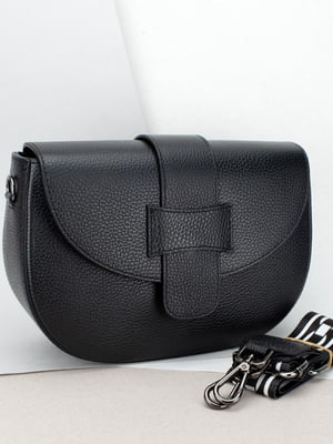Чорна шкіряна сумка з широким текстильним ремінцем | 6789088