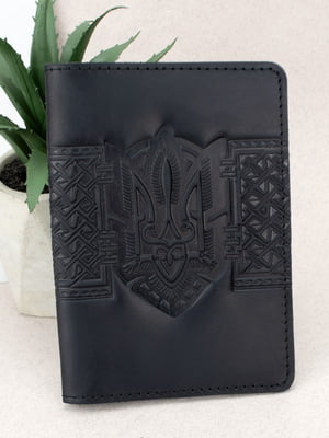 Чорна шкіряна обкладинка на паспорт з гербом | 6789191