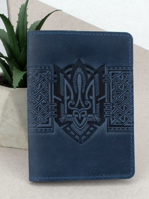 Синя шкіряна обкладинка на паспорт з гербом | 6789193