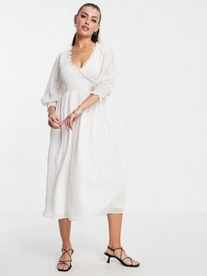 Розкльошена біла сукня-міді з еластичним ліфом | 6723138