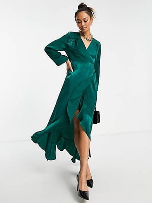 Зелена асиметрична довга сукня з оборками | 6790052