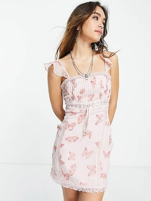 Приталена рожева сукня-міні з квітковим принтом та мереживом | 6790212