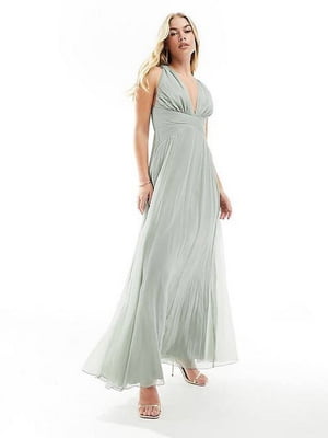 Довга вечірня сукня кольору світлого хакі з оригінальним ліфом | 6790217