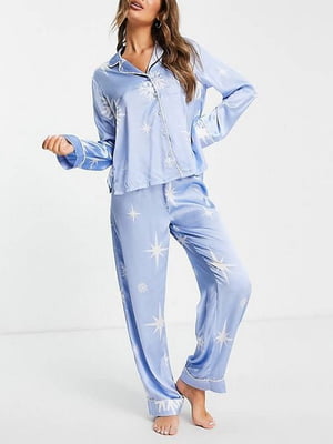 Блакитна піжама з принтом: сорочка та штани | 6790250