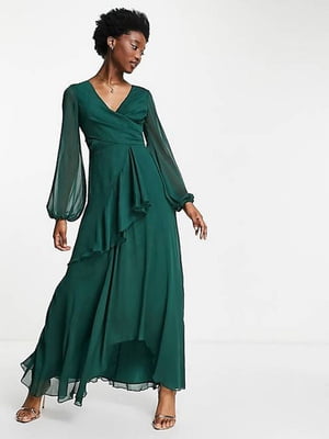 Довга зелена сукня з воланом та ліфом “на запах” | 6790557