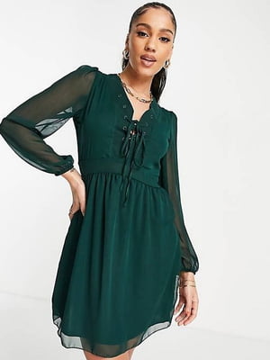 Зелена сукня А-силуету зі шнурівкою на ліфі | 6790578