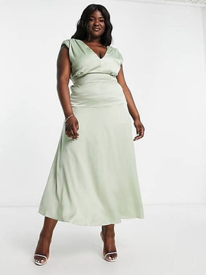 Розкльошена зелена сукня-міді з відлітним поясом-зав’язкою | 6790775