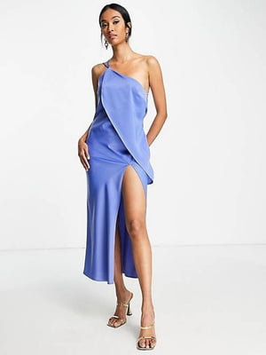 Довга синя сукня на одне плече з ефектним вирізом на ніжці | 6790942