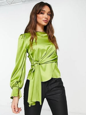 Зелена атласна блуза з довгим рукавом | 6791112