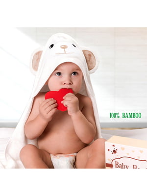 Дитячий білий рушник з капюшоном Ведмедик з коричневими вушками в коробці (90 на 90 см) | 6792905