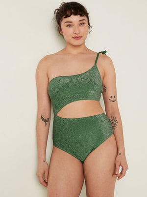 Зелений суцільний купальник з лямкою на одне плече | 6795897