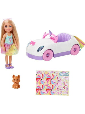 Лялька Барбі на автомобілі в стилі эдинорога Barbie Club Chelsea Doll with Open-Top Rainbow Unicorn-Themed Car | 6796214