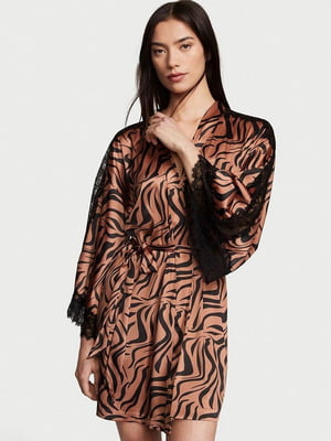 Бежевий сатиновий халат Lace Inset Robe/S з тигровим принтом | 6796221