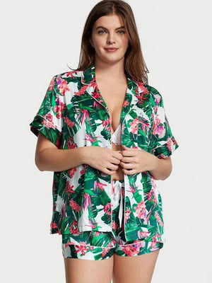 Піжама сатинова Satin Short Pajama Set L зелена в принт: сорочка і шорти | 6796259