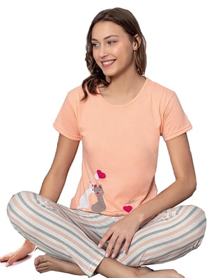 Персикова бавовняна принтована піжама: футболка та штани | 6796399