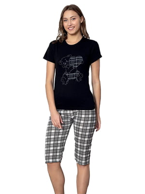 Чорна бавовняна принтована піжама: футболка та капрі | 6796406