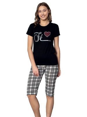 Чорна бавовняна принтована піжама: футболка та капрі | 6796408