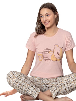 Рожева бавовняна принтована піжама: футболка та штани | 6796409