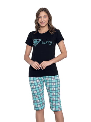 Чорна-бірюзова бавовняна піжама з принтом: футболка та капрі | 6796411