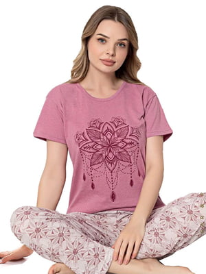 Рожева бавовняна принтована піжама: футболка та штани | 6796417