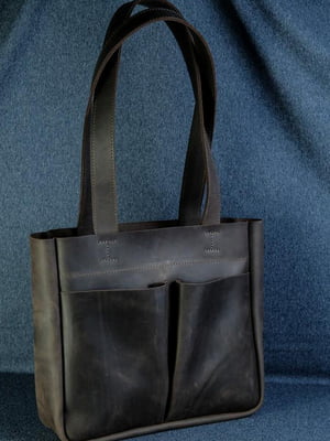 Коричнева сумка шопер із натуральної шкіри з двома кишенями | 6797467