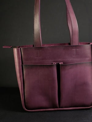 Бордовая сумка шопер из натуральной кожи с двумя карманами | 6797470