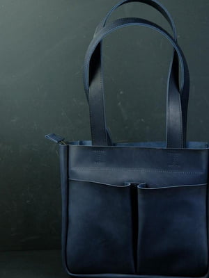 Синяя сумка шопер из натуральной кожи с двумя карманами | 6797471