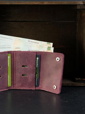 Шкіряний гаманець потрійного складання бордового кольору | 6798819