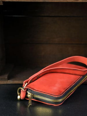 Кожаный красный кошелек-клатч на круговой молнии с ремешком | 6799025