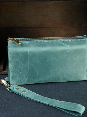 Зеленый кожаный кошелек-клатч с ремешком | 6799154
