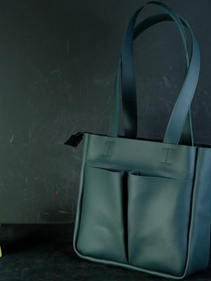 Зелена сумка шопер із натуральної шкіри з двома кишенями | 6797468