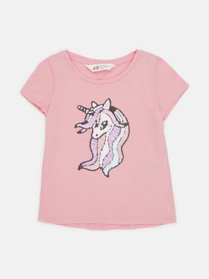 Хлопковая розовая футболка с рисунком из пайеток | 6802206