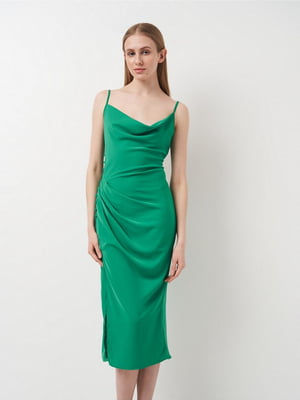 Зеленое платье-миди в бельевом стиле с драпировкой | 6802313