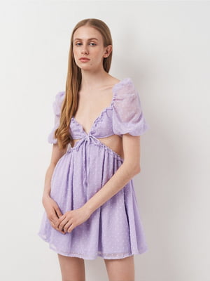 Фиолетовое мини-платье с вырезами и рукавами-фонариками | 6802336