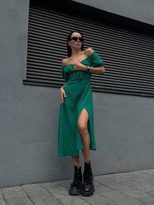 Зелена сукня-міді з розрізом і ефектним бюстом | 6803884