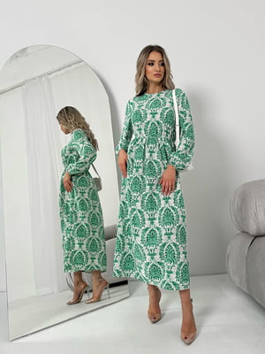 Зелена розкльошена сукня-міді з візерунком | 6804000