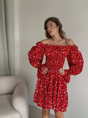 Червона сукня А-силуету в квітковий принт з відкритими плечима | 6804011