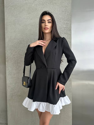 Чорна розкльошена сукня-жакет з білою оборкою | 6804013