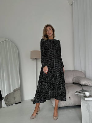 Чорна принтована сукня-міді А-силуету зі шнурівками по бокам | 6804015