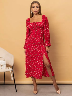 Червона розкльошена сукня-міді з квітковим принтом та розрізом | 6804018