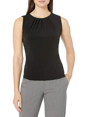 Блуза черная с круглым вырезом и присборенной тканью сверху | 6804420