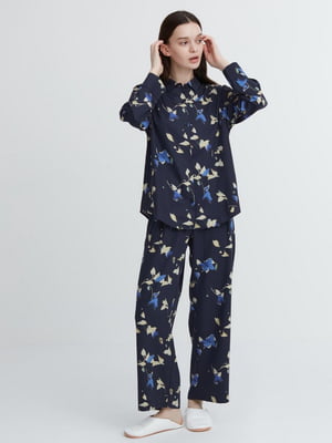 Піжама синя в квітковий принт: сорочка та штани | 6804658