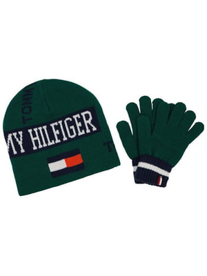 Комплект зеленый с принтом: шапка и перчатки | 6804747